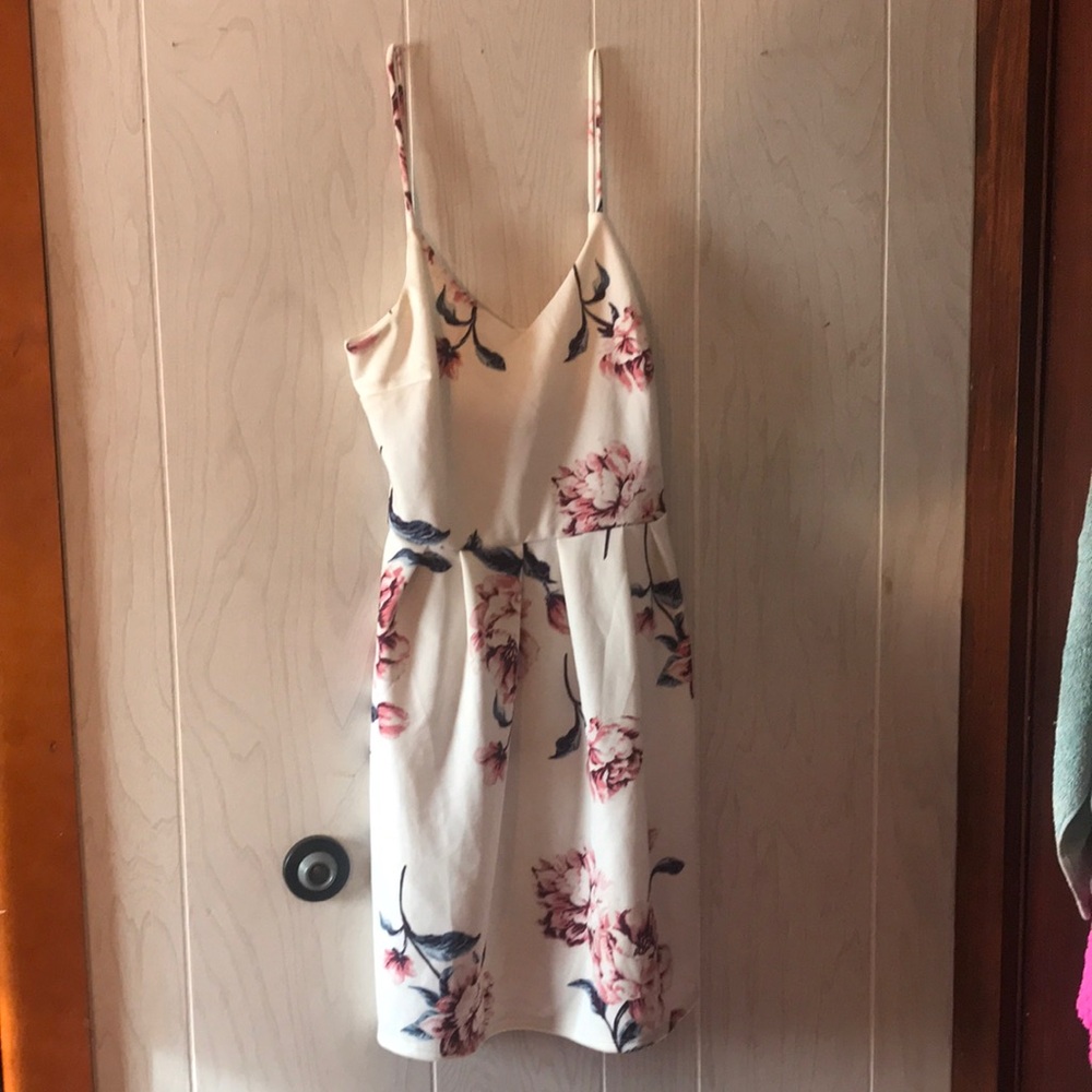 White dress, pink flowers, flowy, straps